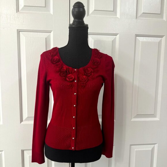 Beautiful Fall Cranberry Red Sweater with Rosettes around the collar - Picture 2 of 8